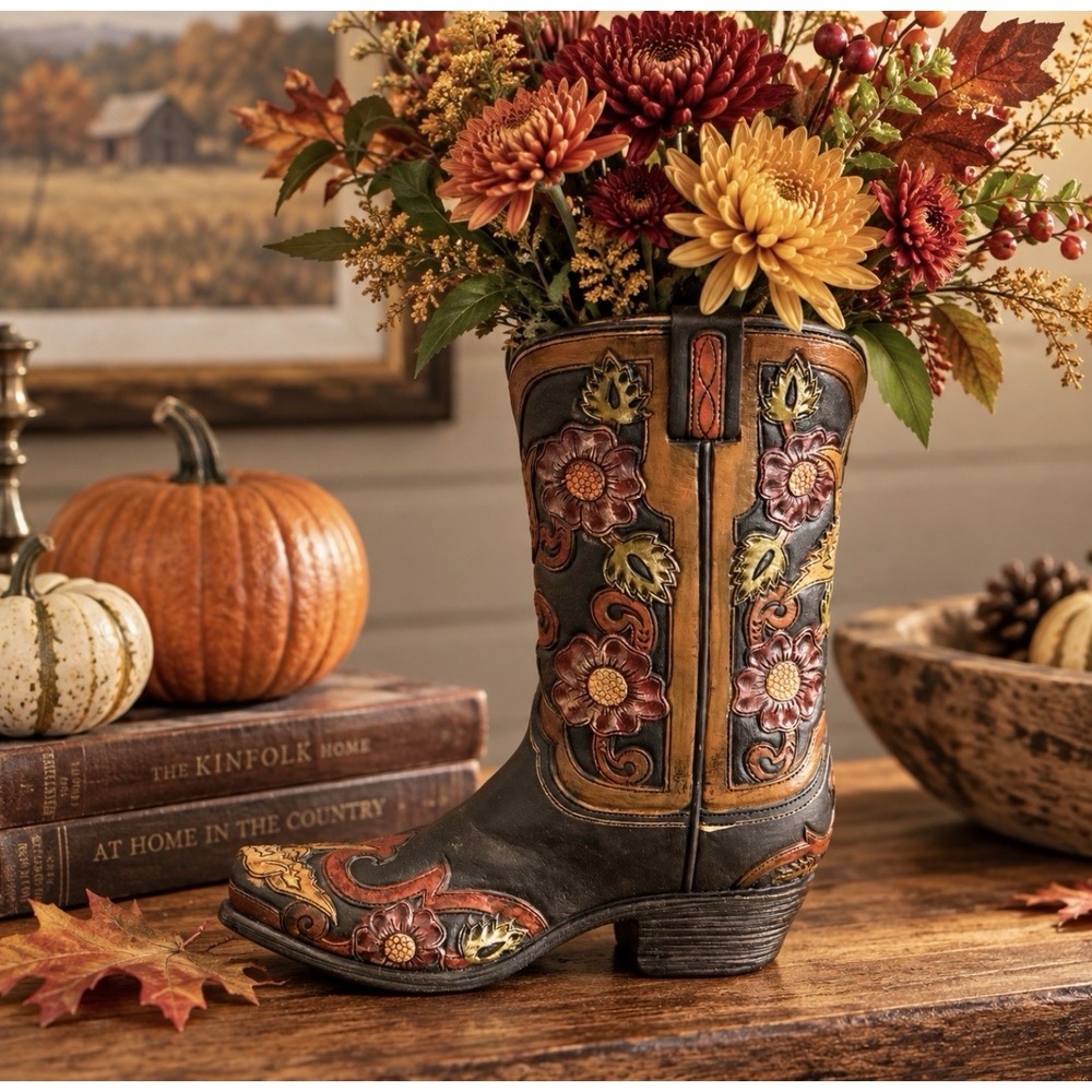 Western Cowboy Boot Planter Vase – Hand Painted Floral Rustic Fall Decor 9"